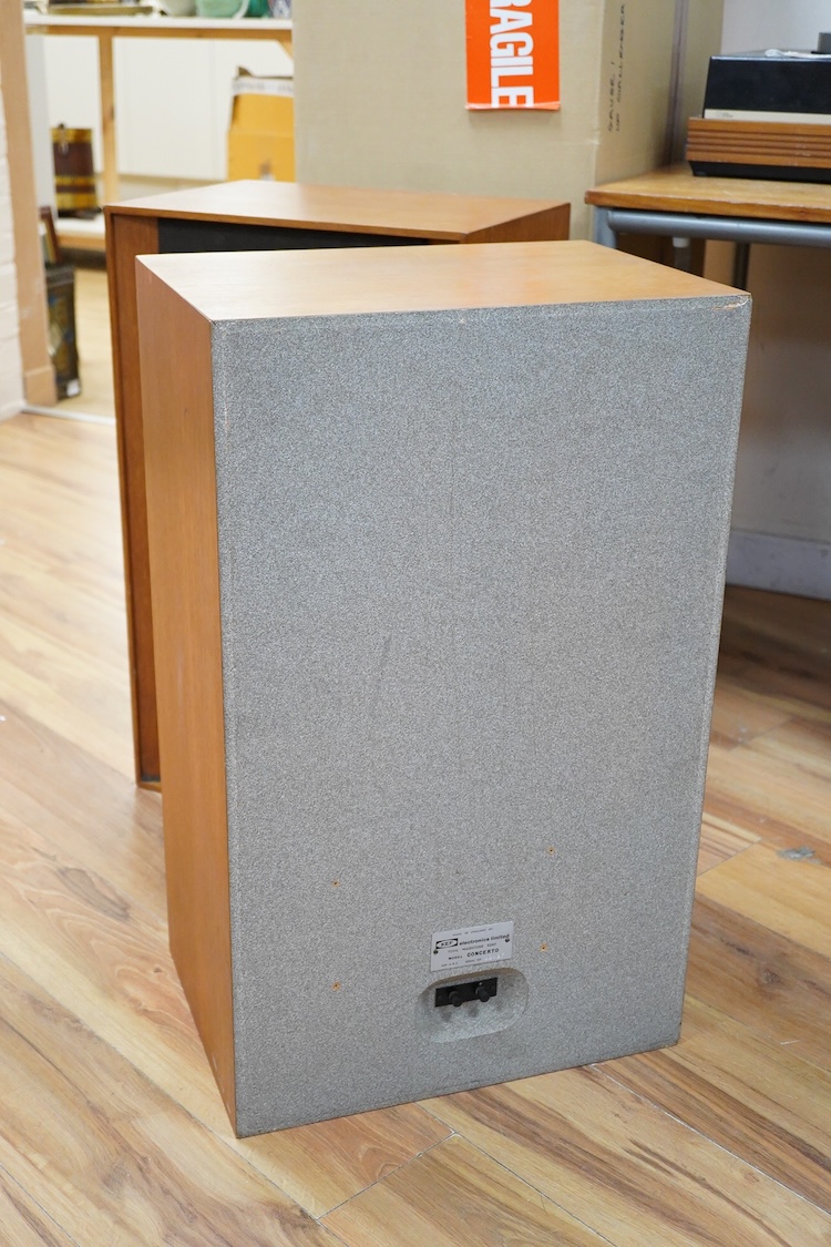 A pair of 1970s KEF Concerto hi-fi stereo speakers in teak cabinets, 71cm high, 43cm wide, 30.5cm deep
